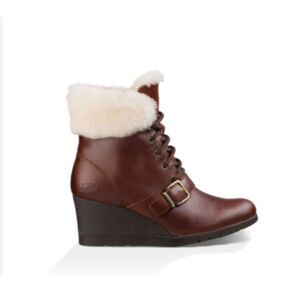 UGG Janney Wedge Boots Sheepskin Waterproof Leather Lace Up Warm Lined Sz 7